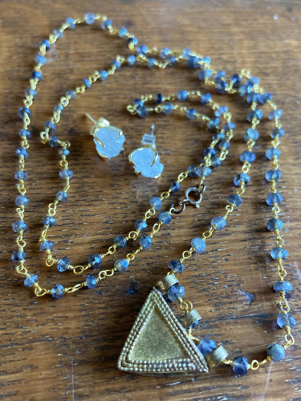 Handmade Brass Smokey Quartz Rosary Necklace Stone Stud Earring Beaded Triangle